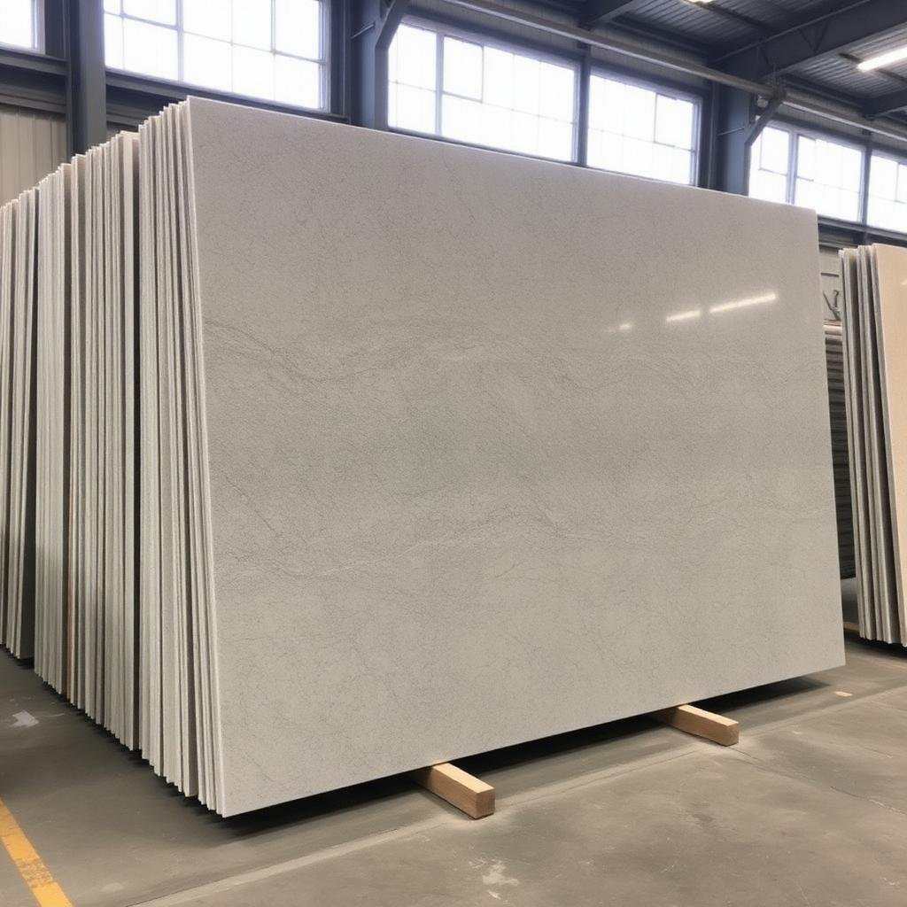Grey limestone slabs in warehouse