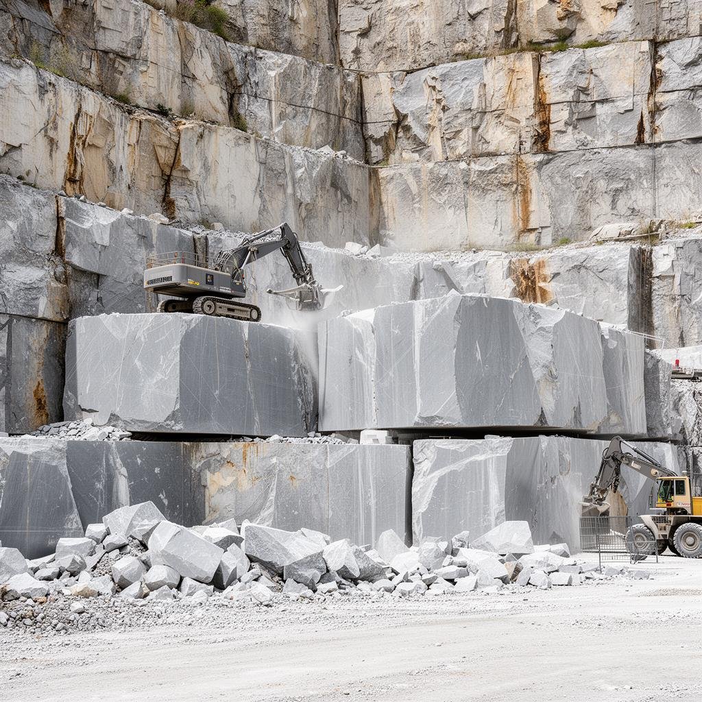 Grey limestone quarry extraction showing natural stone blocks